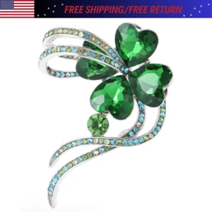 GREEN CRYSTAL SHAMROCK 4 LEAF CLOVER LUCKY IRISH BROOCH PIN JEWELRY GIFT WOMEN - Picture 1 of 12