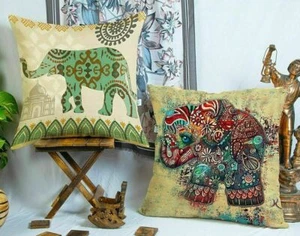 Indian Traditional Elephant Printed Jute Cushion Cover 24 Inch Set Of 2 - Picture 1 of 7