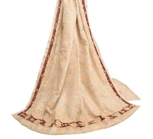 Sushila Vintage Beige Hand Beaded Heavy Dupatta Blend Tissue Floral Long Stole - Picture 1 of 11