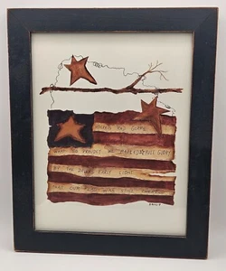 Primitive Patriotic USA Flag Star Spangled Banner Blue Wood Frame Picture B Mood - Picture 1 of 11