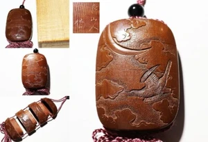 Inro Netsuke Sagemono Edo Japan Antique Wood Carved Mt. Fuji in a Moonlit Night - Picture 1 of 8