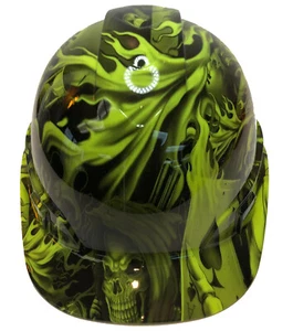 Custom Hydro Dipped Hard Hat Ridgeline Cap Style Hi Vis Green Ace Of Skulls - Picture 1 of 16
