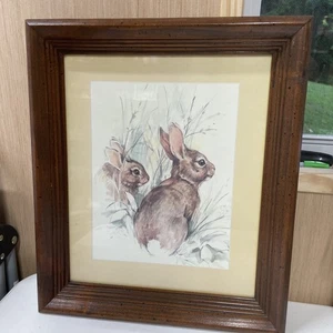 12.5" × 14.5" Framed Art Print Of 2 Rabbits In A Field " Hunter Rabbit And... - Picture 1 of 10