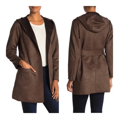 NOVO $ 118 Tahari Feminino Camurça Artificial Aberto com Capuz Marrom Casaco e Bolsos de Cinto de Gravata M - Imagem 1 de 4