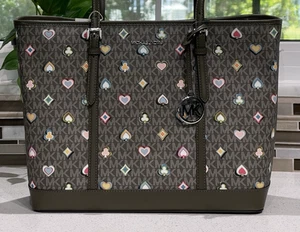 MICHAEL KORS JET SET LARGE ZIP SHOULDER TOTE PURSE VEGAS POKER HEART MK OLIVE - Bild 1 von 11