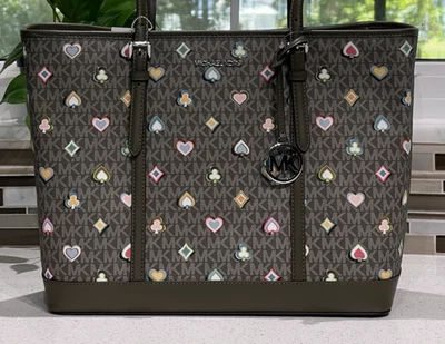 MICHAEL KORS JET SET LARGE ZIP SHOULDER TOTE PURSE VEGAS POKER HEART MK OLIVE - Image 1 of 4