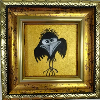 Funny Crow Painting Bird Oil Painting 2x2 Raven Wall Art Golden Painting Framed - Image 1 of 4