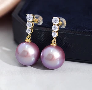 AAAA 10mm Perfect Round Purple South Sea Shell Pearl earrings Dangle earrings - Picture 1 of 6