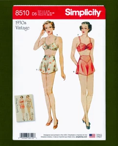 NEW 30's Vintage Bra & Panties Set Sewing Pattern (Sizes 4-12) Simplicity 8510 - Picture 1 of 5
