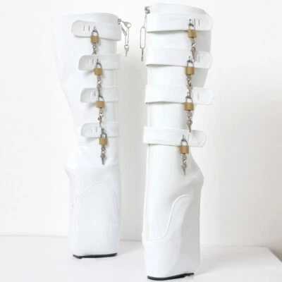 Womens 18cm High Heels Locking Ballet Lace Up Wedge Heels Pointy Knee High Boots - Image 1 of 4