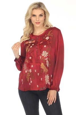 Johnny Was Workshop Zuzu Field Henley Embroidered Blouse Boho Chic W15623 * - Image 1 of 4