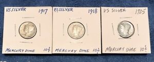 WOW! 1917 1918 & 1925 MERCURY DIME WINGED LIBERTY 10c FROM BANK ROLL-3 COIN LOT