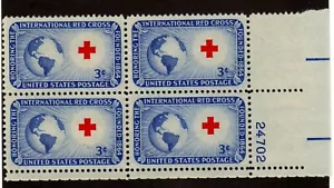 Scott 1016 3¢ Red Cross Plate Block of 4 MNH Free Shipping! - Picture 1 of 1