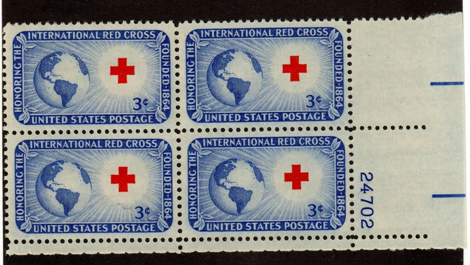 Scott 1016 3¢ Red Cross Plate Block of 4 MNH Free Shipping! - Image 1 of 1