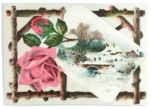 Victorian Greeting Card Winter Landscape Snow Cottage Pink Roses - Picture 1 of 2