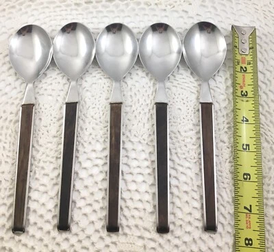 Henckels 18/8 Wood Handle 5 Oval Soup Spoons Stainless Germany Flatware Rare - Image 1 of 4