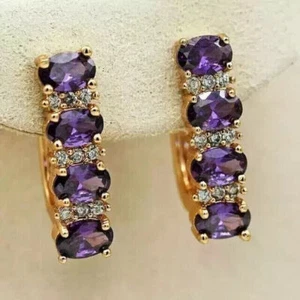 3.00Ct Oval Lab Created Amethyst Huggie Hoop Earring 14K Yellow Gold Plated - Picture 1 of 4