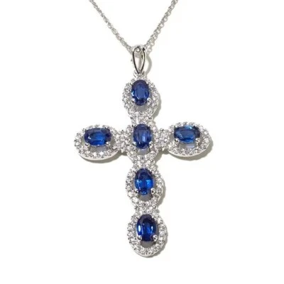 Womens Blue Kyanite & White Zircon Cross Pendant, Sterling Silver Necklace, New - Image 1 of 2