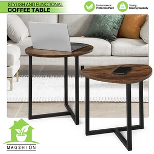 Set of 2 Nesting Coffee Table Home Tea Side Desk Round Triangle Wooden Tabletop - Picture 1 of 10