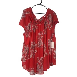 LAUREN CONRAD - WOMEN'S 4X - RED FLORAL PLEATED NECK SHORT SLEEVE TOP SHIRT - Picture 1 of 8