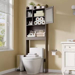 Over the Toilet Storage Cabinet Bathroom Organizer Rack with Glass Door Brown - Picture 1 of 24
