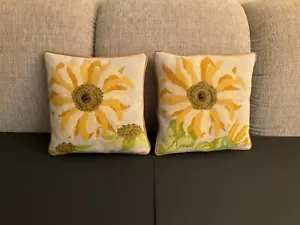 2 Vintage 14” Needlepoint SUNFLOWER Decorative Pillows with Faux Leather Backs - Picture 1 of 12