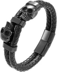 Pulsera Calavera Acero Inoxidable Cuero Trenzado Esqueleto Pulsera Punk Joyería - Imagen 1 de 35