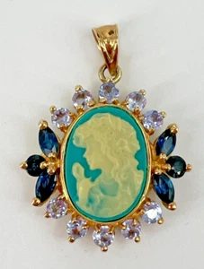 Vintage 10K Gold Blue Carved Cameo Pendant Sapphire Tanzanite Gemstone Accents - Picture 1 of 8