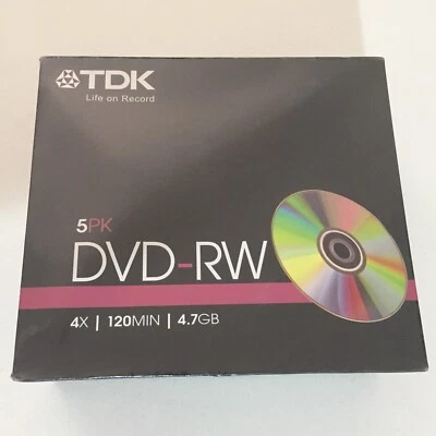 TDK 5 PK DVD-RW 4x - 120Min - 4.7GB New Sealed - Image 1 of 4