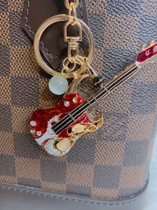 Guitar Keychain Bag Charm Bling Red Gold Color Music Fan Christmas Birthday Gift - Picture 1 of 3