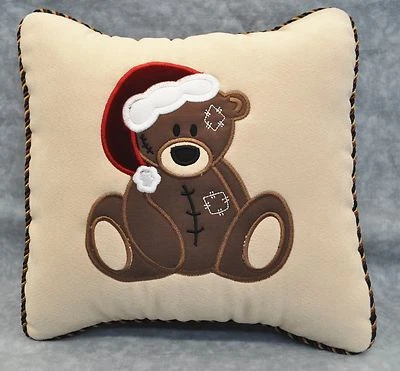 Embroidered & Appliqued Holiday Teddy Bear Pillow made w Faux Cream Suede Fabric - Image 1 of 3