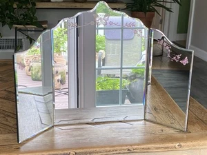 Tri-Fold Vanity Table Hinged Arched Top Mirror Art-Deco 15" Bevel Glass - Picture 1 of 17