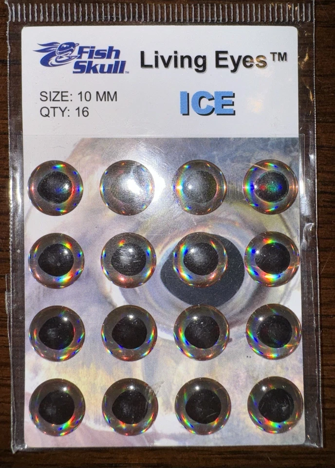Calavera de pez ojos vivos ojos atados de moscas - paquete único (10 mm) ICE; 16 ojos en paquete Foto 1 de 1