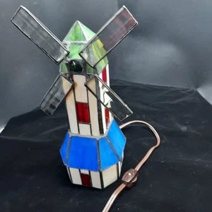 Stained Glass Windmill Table Lamp Night Light 11" Tall Accent Table Lamp - Picture 1 of 11