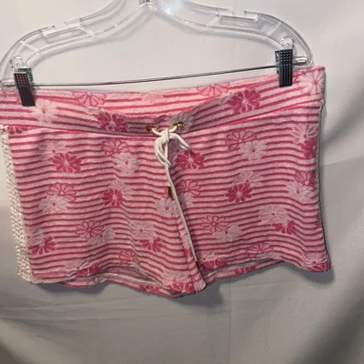 Juicy Couture Pink White Stripe terry Cotton blend Shorts Front Tie L - Image 1 of 4