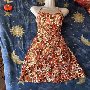 XS Vestido Retro Naranja Halter Acampanado Mod Años 50’s/60’s Estético Flower Power Hippie - Imagen 1 de 8