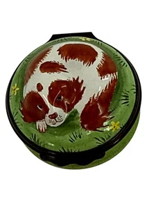 Halcyon Days Enamel Box Hand-Painted Sleeping Dog Design Green Grass Motif Engla - Picture 1 of 12