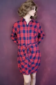 Fashion to Figure 0 or XL Long Sleeve Button Up Red & Black Plaid Sheath Dress - Picture 1 of 18