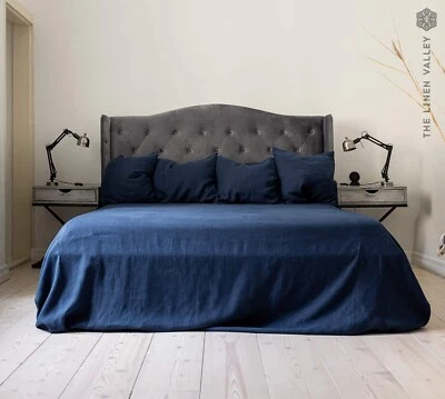Colcha de lino azul marino funda de cama de lino suavizado varios tamaños Foto 1 de 4