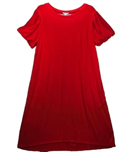 Cato Shift Dress Womens L Red Stretch Cotton Puff Sleeves Pockets Soft Dressing - Picture 1 of 9