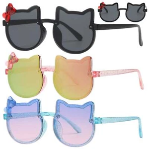 Girl's Children's Round Sunglasses Cartoon Cat Shaped Bow Mirror Glitter UV400 - Picture 1 of 10