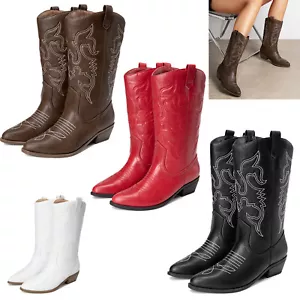 Women's Retro Almond Toe Mid Calf Pull on Western Boots Cowboys Cowgirls Boots - Picture 1 of 49