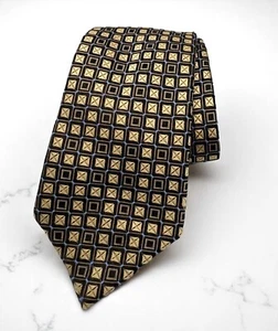 Sean John Mikro Karo Krawatte Seide schwarz gold kariert Quadrate blaue Akzente - Bild 1 von 7