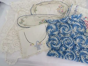 VINTAGE LINEN'S BLUE'S WHITES 9 pc Various  Battenberg Crochet Embroiled Arm Cov - Picture 1 of 9