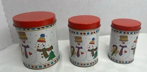 Vtg Metal Canisters Nesting Christmas Set of 3 Snowman Couple Tree w/ lids (A6) - Picture 1 of 9