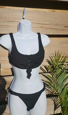 Beach Bunny Mujer Pequeño Negro Acanalado Bralette Bikini Top e Inferior Med A Juego Foto 1 de 4