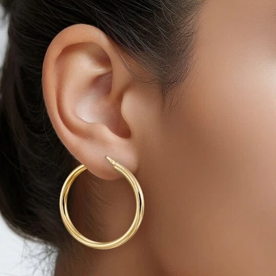 Bold Gold Tone Hoops for Women – Chunky 44mm Tube Earrings, Must-Have Accessory - Image 1 of 4
