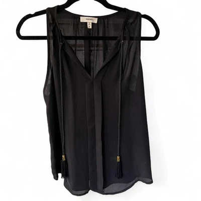 Meraki Black silky tassel sleeveless tank top V-neck halter neck and tie Size M - Image 1 of 4