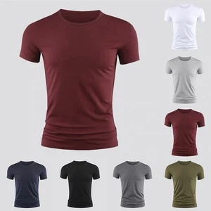Classic Summer Casual Mens Short Sleeve Crew Neck T Shirt Gym Slim Fit Tops - Picture 1 of 24