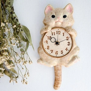 Japanese Lucky cat Maneki Neko Wall Pendulum Clock Tan Brown Pottery Seto ware - Picture 1 of 9
